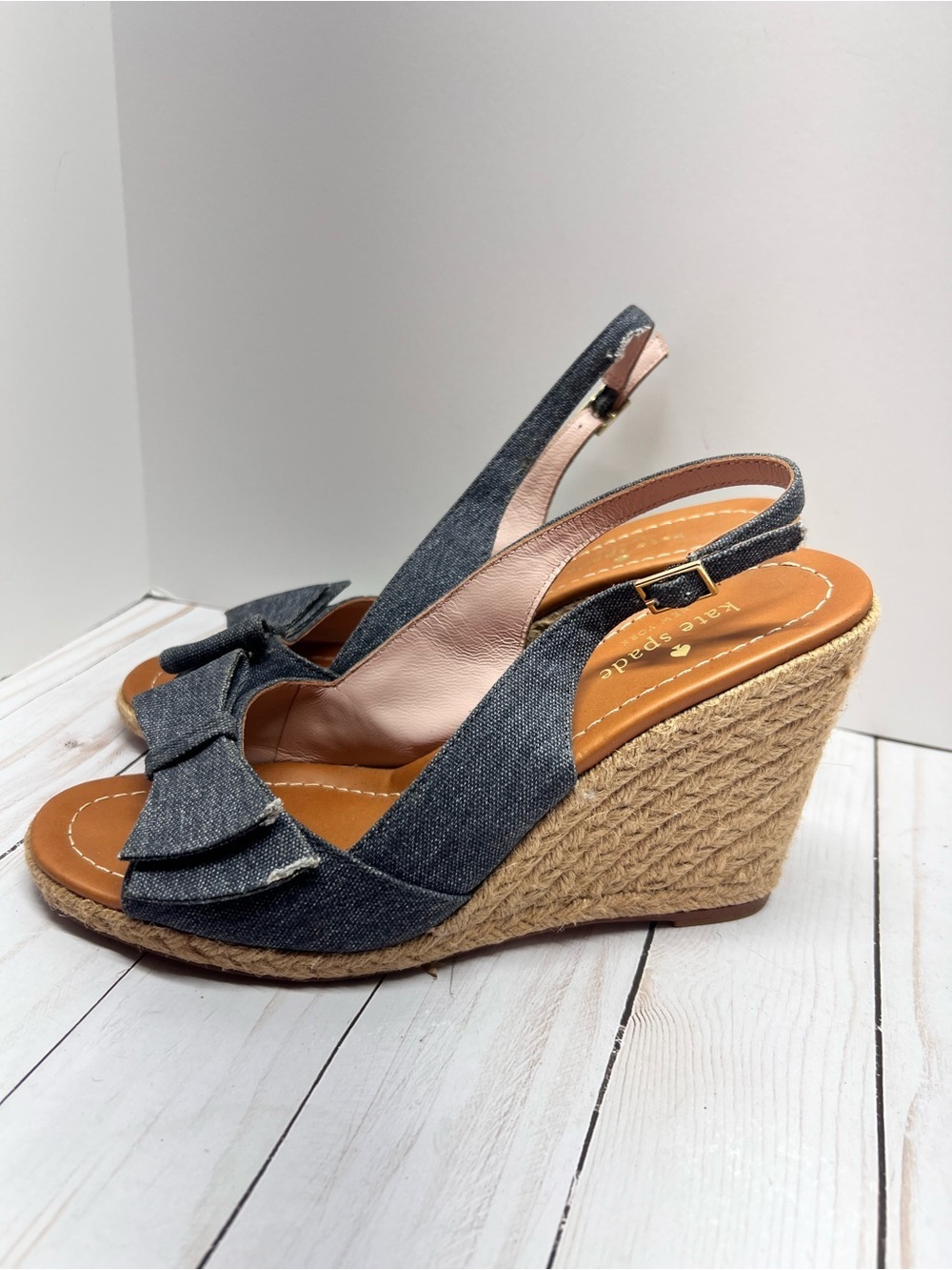 Kate Spade Jaden Chambray Wedge Sandals Bow Espadrille Size 8.5M - Picture 6 of 11